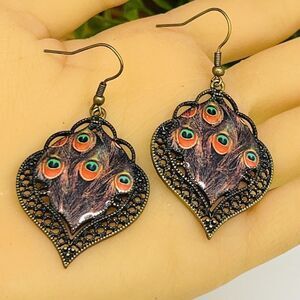 Vintage Peacock Enamel Antiqued Gold Dangls Drop Earrings Fun Cute NWOT 1184